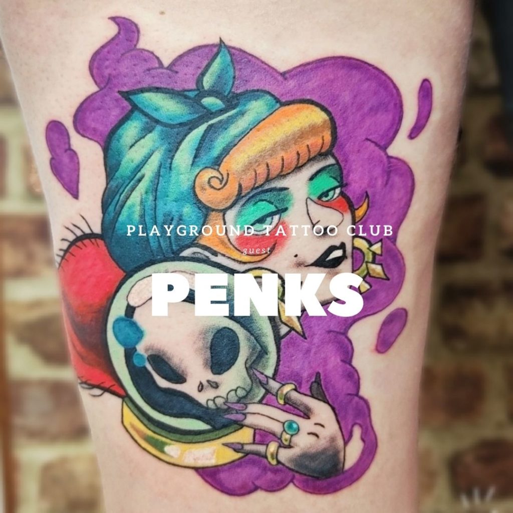 tatouage d'une sorcière en couleur sur un bras