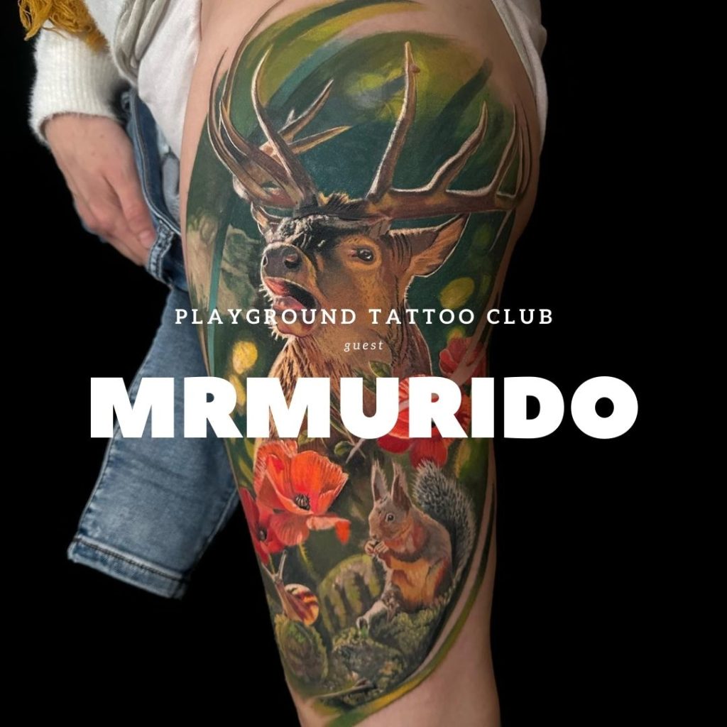 photo d'un tatouage en couleur illustrant un cerf sur une cuisse