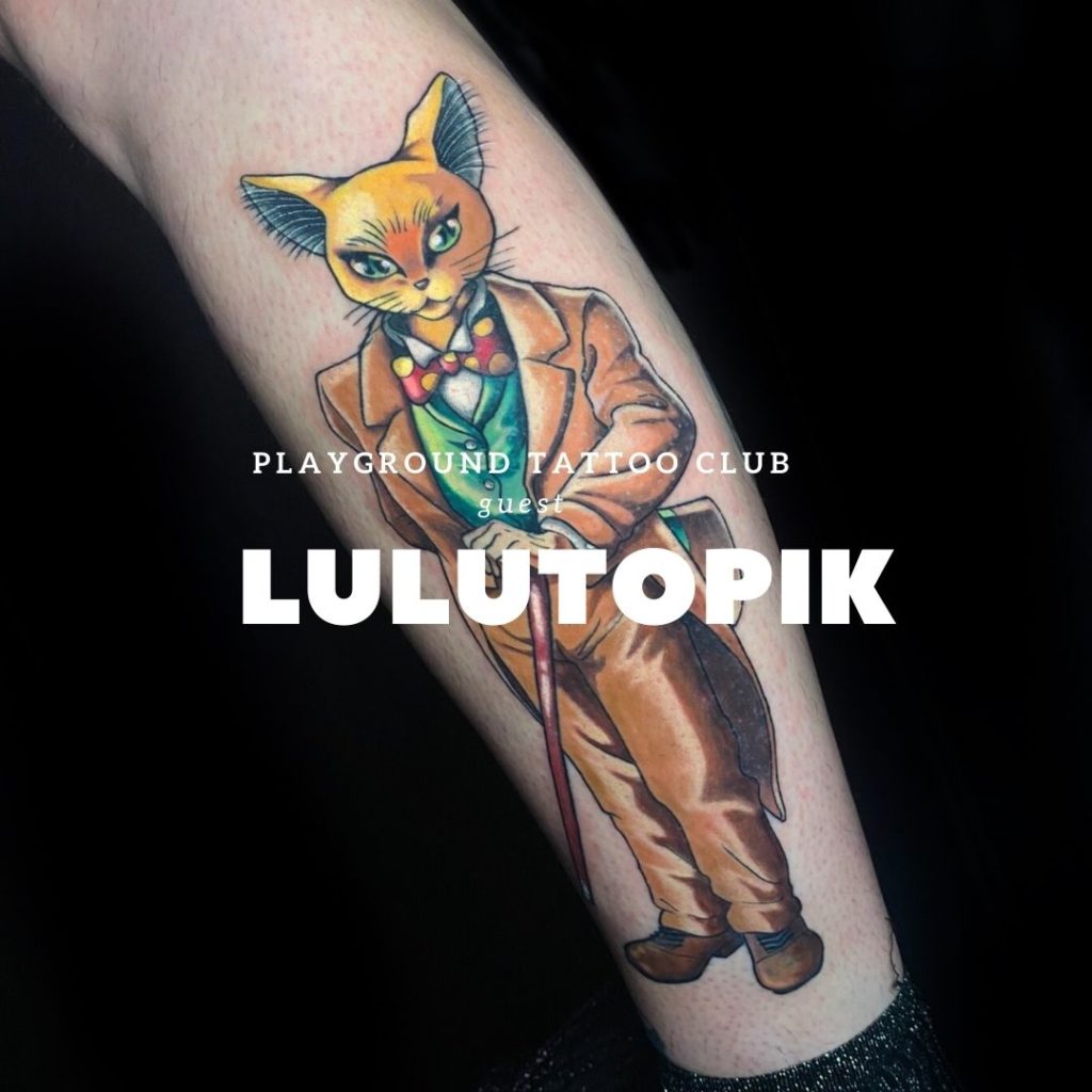 tatouage représentant un chat en costume sur une jambe