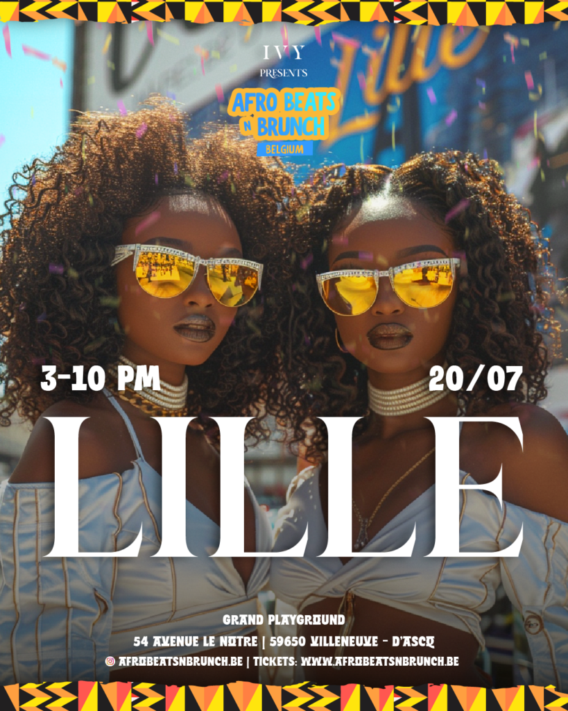 Affiche promotionnelle pour l'événement Afrobeatsnbrunch à Lille, avec deux femmes portant des lunettes de soleil dorées et des tenues blanches, avec des détails sur la date, l'heure et le lieu de l'événement au Grand Playground, Villeneuve d'Ascq.