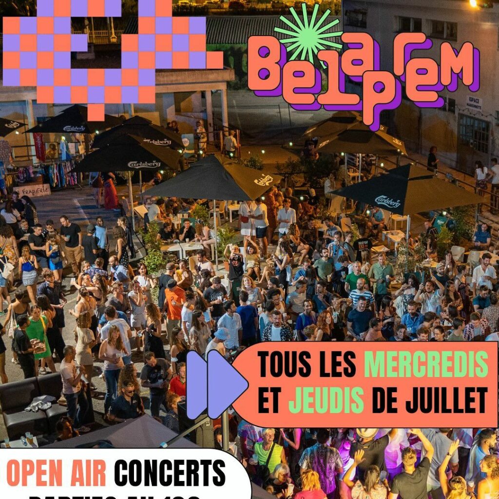 Friche du Frigo 16 à Nice avec foule, bar et concerts pendant le Bel Aprem