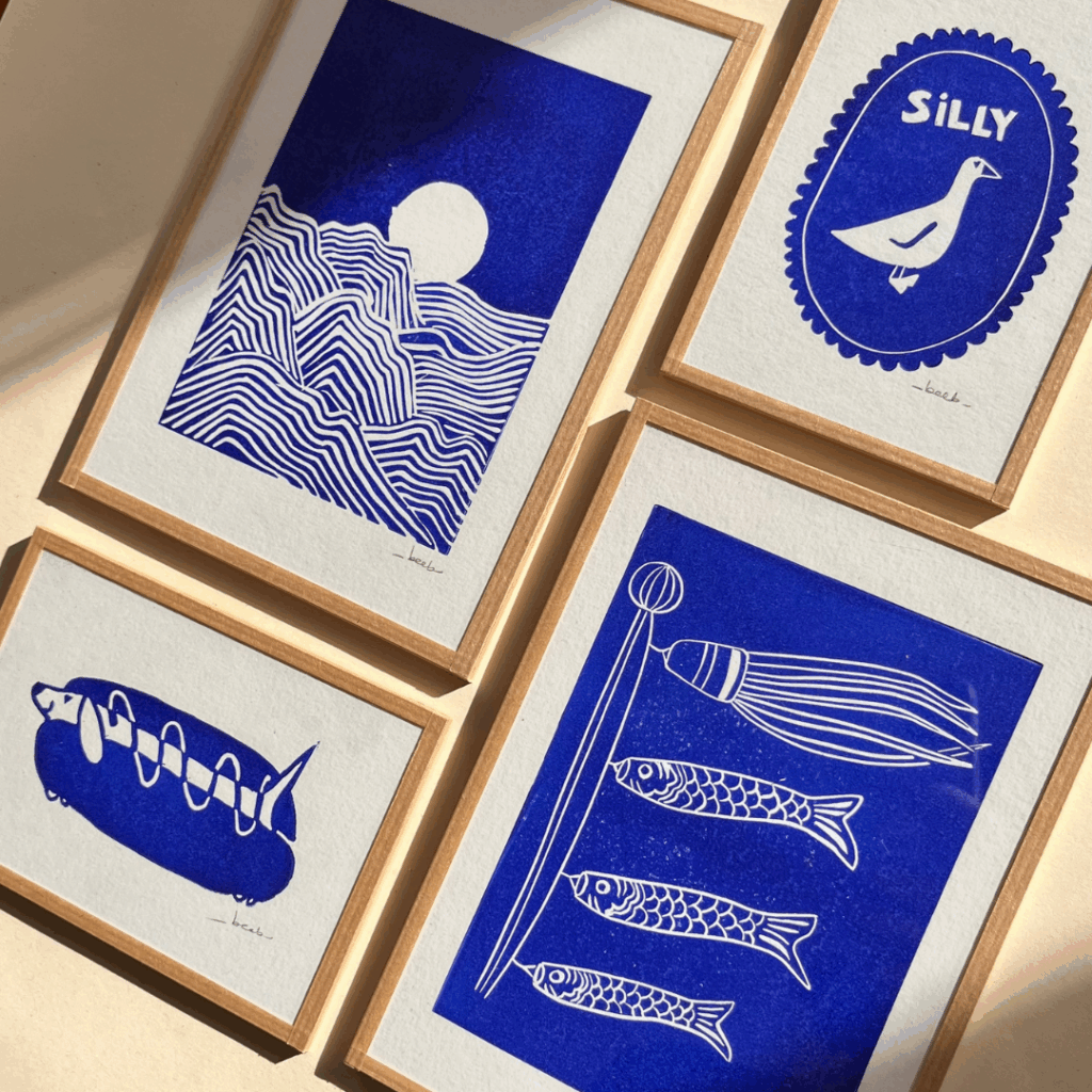 Linogravures encadrées de Beeb, artiste du Marché de l’Illustration à Lille