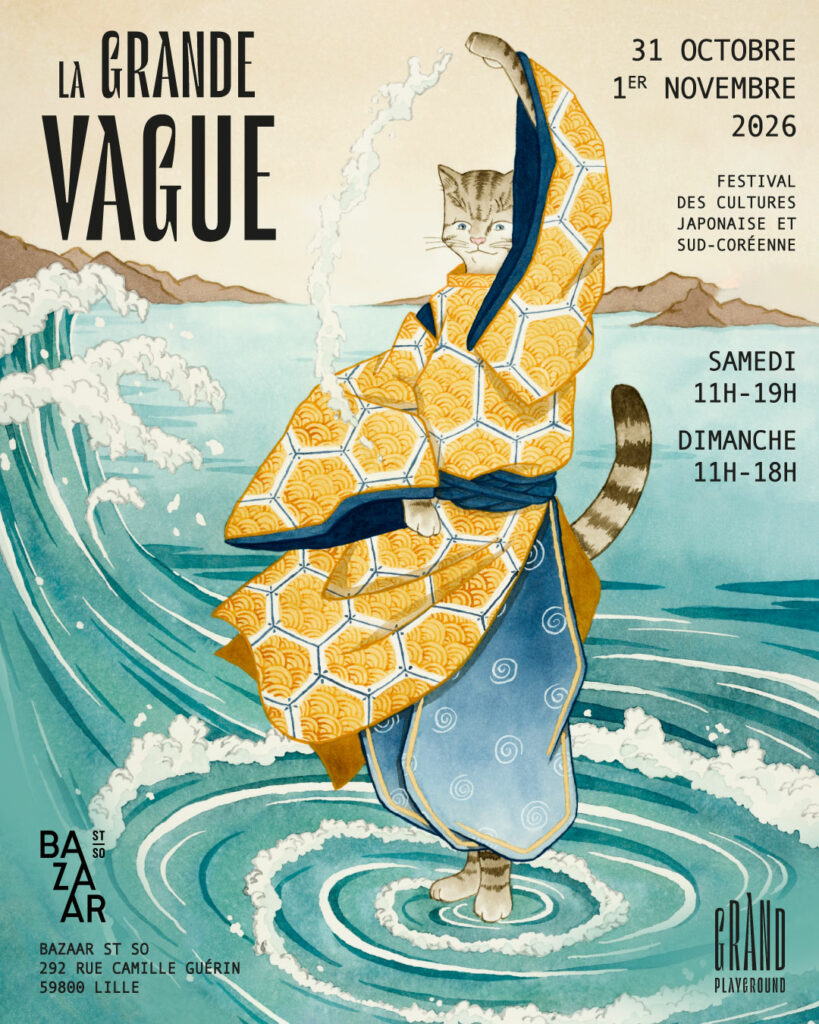Affiche La Grande Vague, festival des cultures japonaise et sud-coréenne au Bazaar St-So à Lille les 31 octobre et 1er novembre 2026.